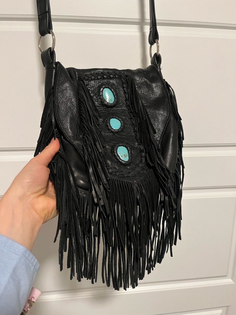 Tribe America Fringe Crossbody Bag with Turquoise Accents - Black